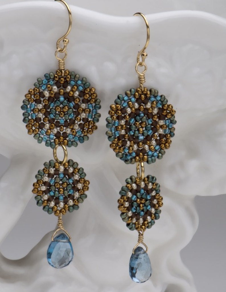 Beadwoven Double Mandala Earrings/London Blue Topaz Drops/Gold-Filled Earwires/Intricate Geometry/Temari Design/Lightweight Maren image 3