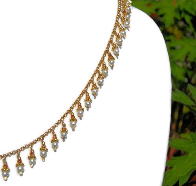 Dancing Pearl Necklace / Natural White Seed Pearls / Coppery Swarovski Crystals / Gold-Filled Chain / Artisan / Delicate Quella image 1