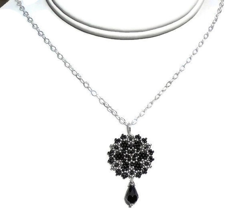 Beadwoven Single Mandala Necklace / Jet Black Swarovski Crystal Briolette / Sterling Silver Chain / Intricate / Delicate Giane image 1