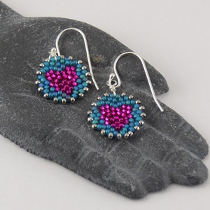Beadwoven Heart Mandala Earrings pink / teal sterling silver earrings / Petite/ Colorful Accent/ Sweet/ Holiday Gift for Her image 5