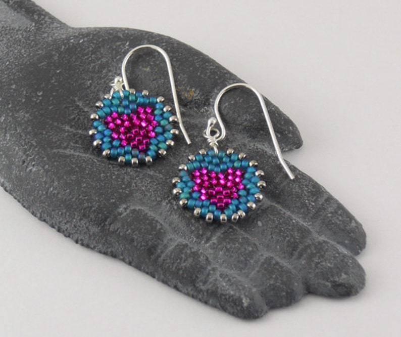 Beadwoven Heart Mandala Earrings pink / teal sterling silver earrings / Petite/ Colorful Accent/ Sweet/ Holiday Gift for Her image 5