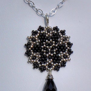 Beadwoven Single Mandala Necklace / Jet Black Swarovski Crystal Briolette / Sterling Silver Chain / Intricate / Delicate Giane image 3