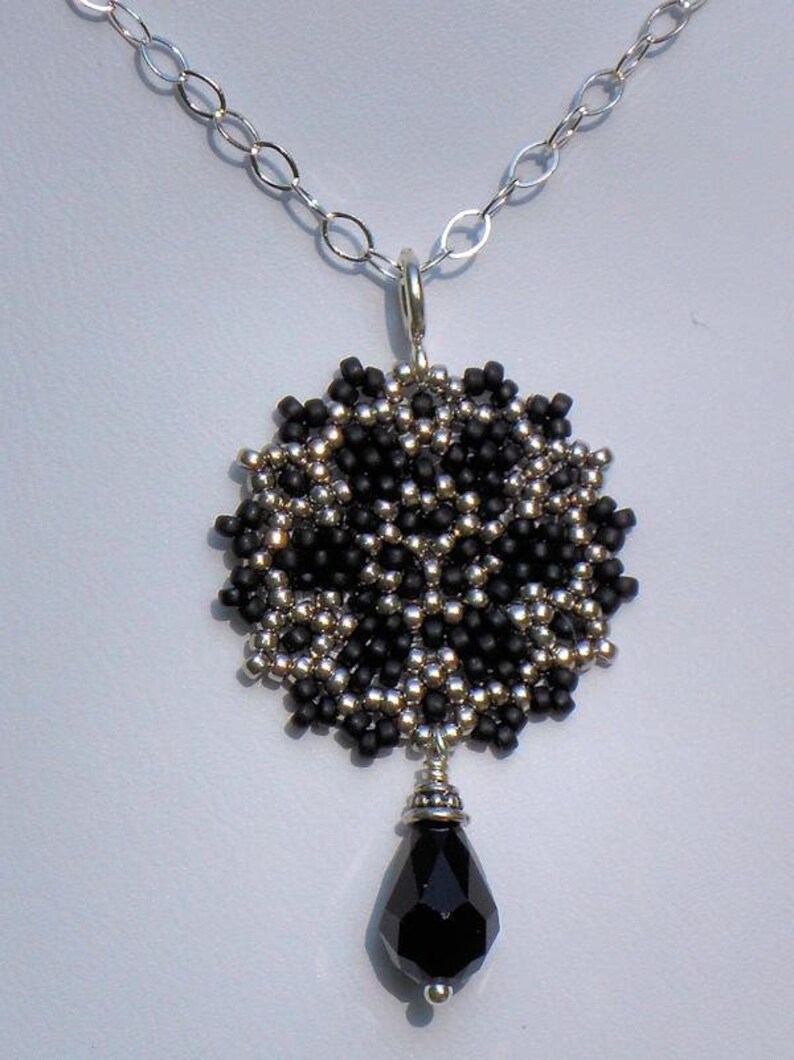 Beadwoven Single Mandala Necklace / Jet Black Swarovski Crystal Briolette / Sterling Silver Chain / Intricate / Delicate Giane image 3