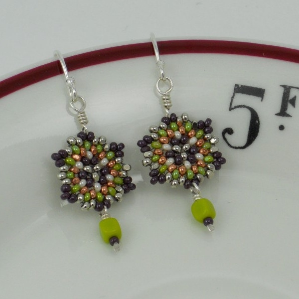 Beaded Mini Mandala Earrings/Chartreuse Cube Beads/Sterling Silver Gift for Her- - -Linnea