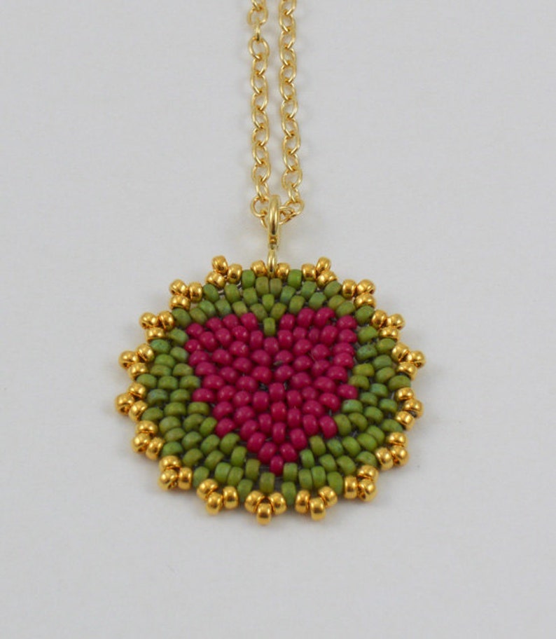 Beadwoven Heart Mandala Necklace berry pink / olive green gold-filled chain / Joyful / Token of Love / Wedding Party Gift / image 4