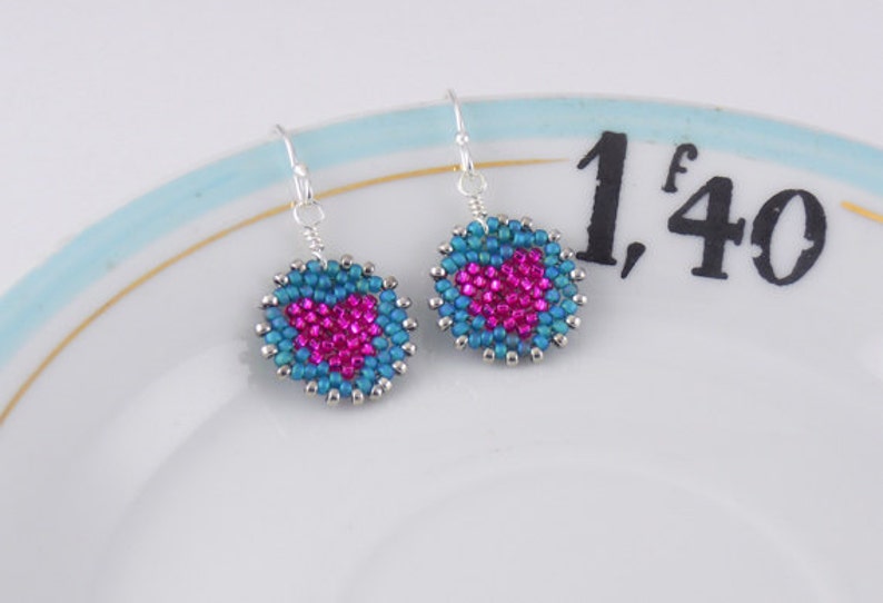 Beadwoven Heart Mandala Earrings pink / teal sterling silver earrings / Petite/ Colorful Accent/ Sweet/ Holiday Gift for Her image 2