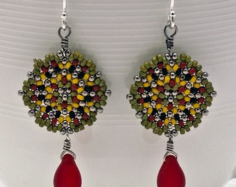 Beadwoven Single Mandala Earrings /  Red Czech Glass Teardrops / Oxidized Sterling Silver Earwires / Festive / Vivid / Colorful - - - Cerise