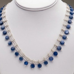 Three-Strand Necklace / Kyanite Gemstone Coin Beads / Sterling Silver / Cornflower Blue / Elegant Collar Necklace Ariene image 1