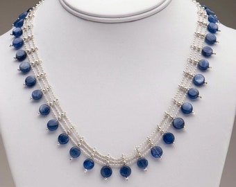 Three-Strand Necklace / Kyanite Gemstone Coin Beads / Sterling Silver / Cornflower Blue / Elegant Collar Necklace- - - Ariene