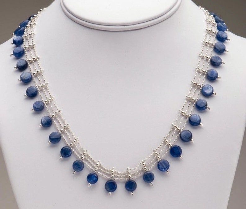 Three-Strand Necklace / Kyanite Gemstone Coin Beads / Sterling Silver / Cornflower Blue / Elegant Collar Necklace Ariene image 1