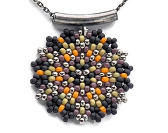 Beaded Single Mandala Necklace/Oxidized Sterling Silver Bail & Chain/Modern/Contemporary/Matte Black/Aubergine/Autumn Orange- - - Birgitte