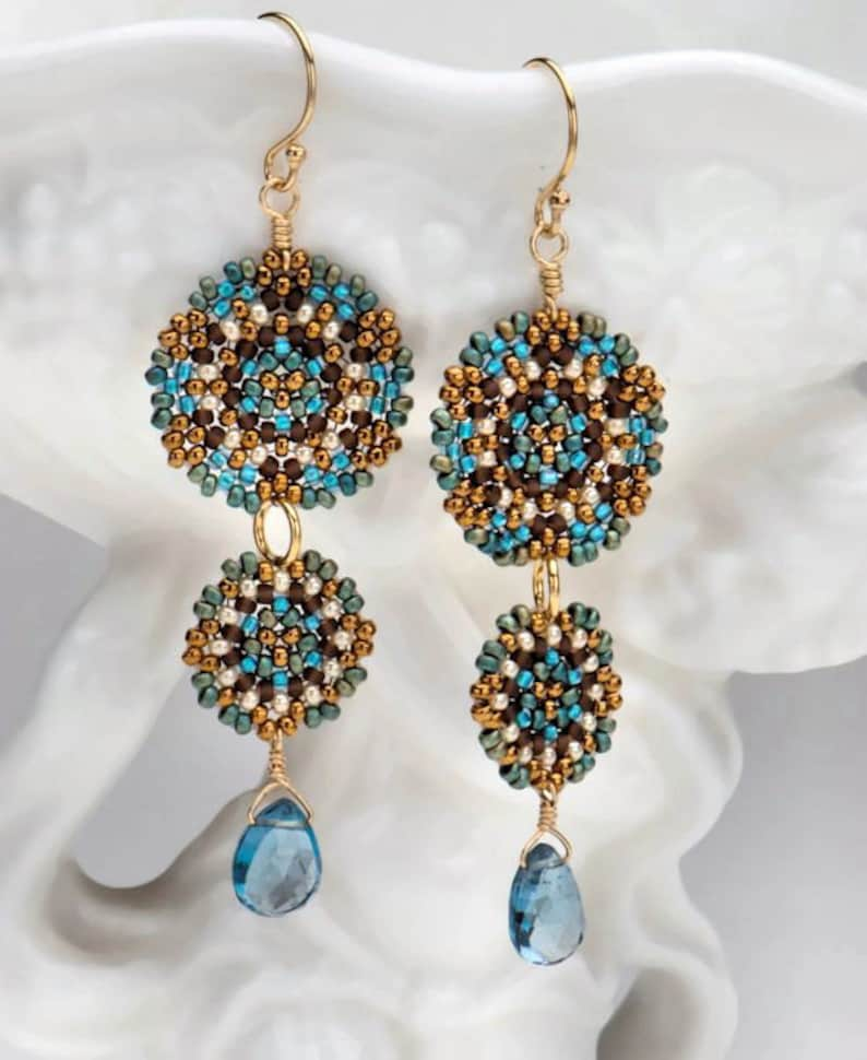 Beadwoven Double Mandala Earrings/London Blue Topaz Drops/Gold-Filled Earwires/Intricate Geometry/Temari Design/Lightweight Maren image 1