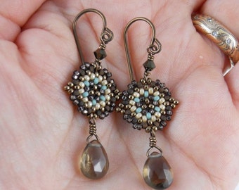 Beaded Picot Drop Earrings/Smoky Quartz Gem Drops /Neutral Geometric Design/Wear With Everything/Hypoallergenic Niobium Earwires - - - Echo