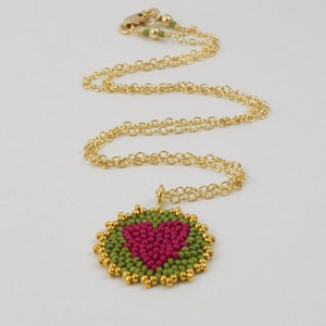 Beadwoven Heart Mandala Necklace berry pink / olive green gold-filled chain / Joyful / Token of Love / Wedding Party Gift / image 2