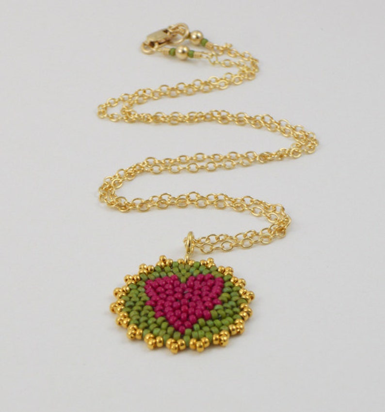 Beadwoven Heart Mandala Necklace berry pink / olive green gold-filled chain / Joyful / Token of Love / Wedding Party Gift / image 2