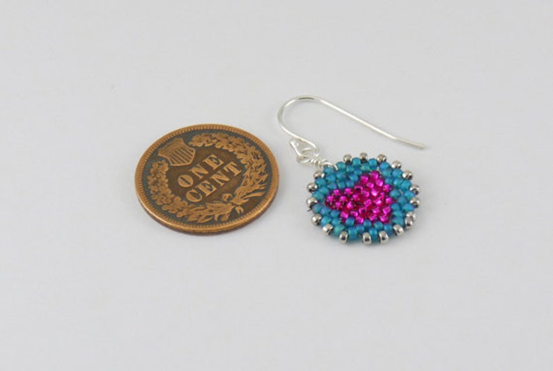 Beadwoven Heart Mandala Earrings pink / teal sterling silver earrings / Petite/ Colorful Accent/ Sweet/ Holiday Gift for Her image 4