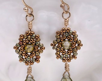 Beadwoven Drop Earrings / Olivine Cubic Zirconia Briolettes / Gold-Filled Earrings/ Subtle Sparkle/ Lightweight/ Sophisticated - - - Brietta