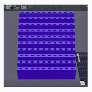 May include: A purple tiered display stand featuring ten horizontal rows, each containing eight circular holes. The structure is shown in a digital 3D modeling interface with a grid background and software tool icons visible at the top of the screen.