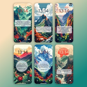 Puede incluir: Seis pantallas de bloqueo de teléfono con paisajes de montaña coloridos y versículos bíblicos inspiradores. La hora es 13:14 en cada pantalla. Los versículos son: Juan 3:16, Jeremías 29:11, Romanos 8:28, Mateo 11:28, 1 Timoteo 1:7, Filipenses 4:13.