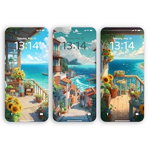 Acquista di più e risparmia di più / Sfondo digitale per iPhone e Android / Download immediato / Balcone con girasoli e città sull'oceano / Vista mare ispirata allo stile Ghibli