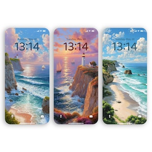 Acquista di più e risparmia di più / Sfondo digitale per iPhone e Android / Download immediato / Scogliere oceaniche e vela / Tramonto al faro