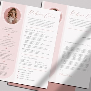May include: A resume template with a soft pink and white color scheme. The resume includes a headshot, contact information, education, and experience sections. The name "Rebecca Cohen" is prominently displayed at the top.