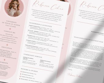 May include: A resume template with a soft pink and white color scheme. The resume includes a headshot, contact information, education, and experience sections. The name "Rebecca Cohen" is prominently displayed at the top.