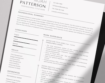 Può includere: Un modello di curriculum vitae professionale con il nome "Noah Patterson" in alto. Il documento include sezioni per un riepilogo professionale, lingue, competenze, esperienza lavorativa, referenze ed istruzione. Il layout è pulito e moderno.