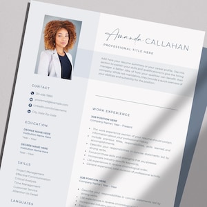 May include: A resume template with a photo of a woman in a blazer. The document includes sections for contact information, education, skills, and work experience. The name "Amanda Callahan" is at the top.