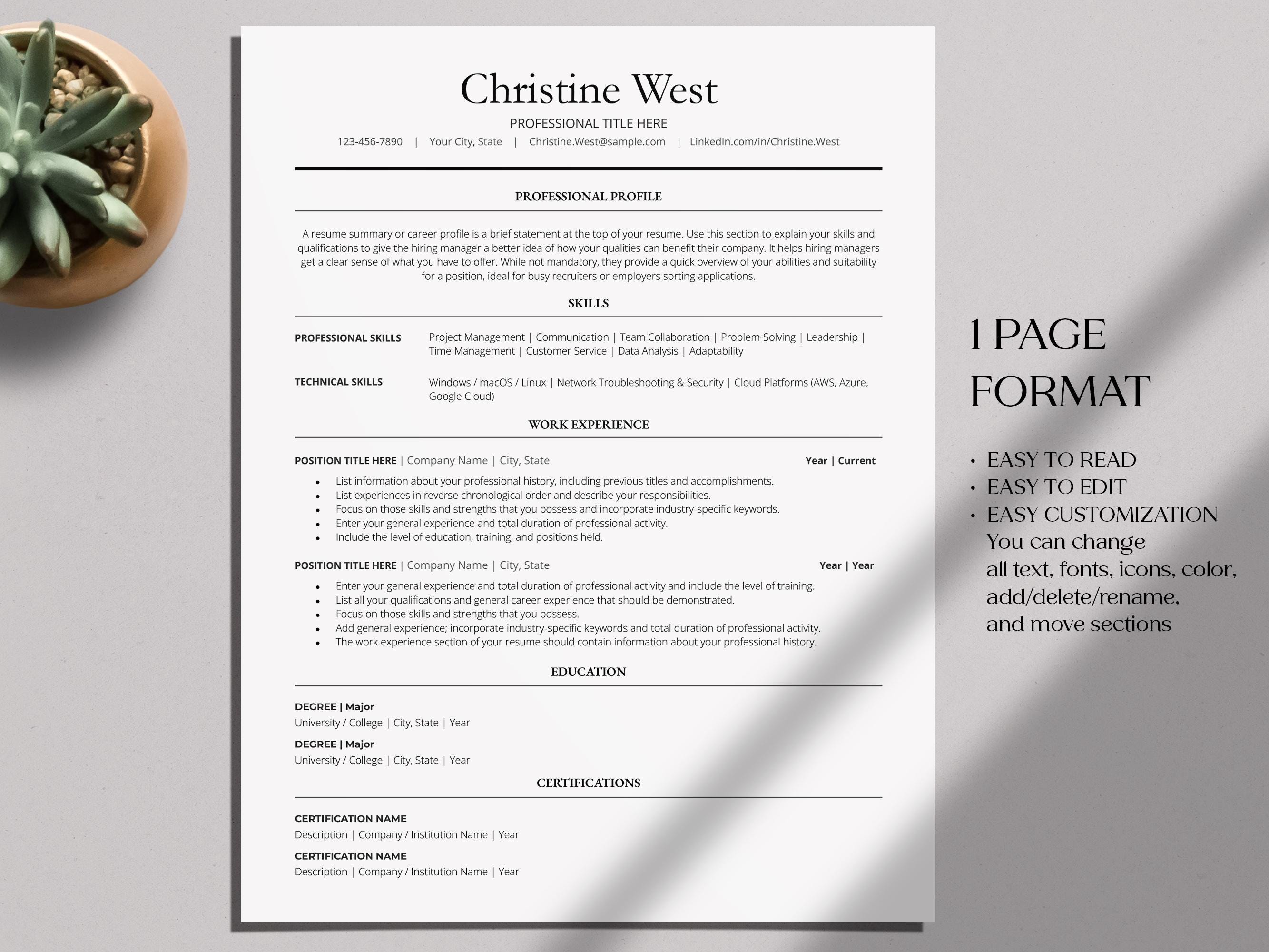 Word Ats-friendly Resume Template | Modern Professional CV | Editable ...
