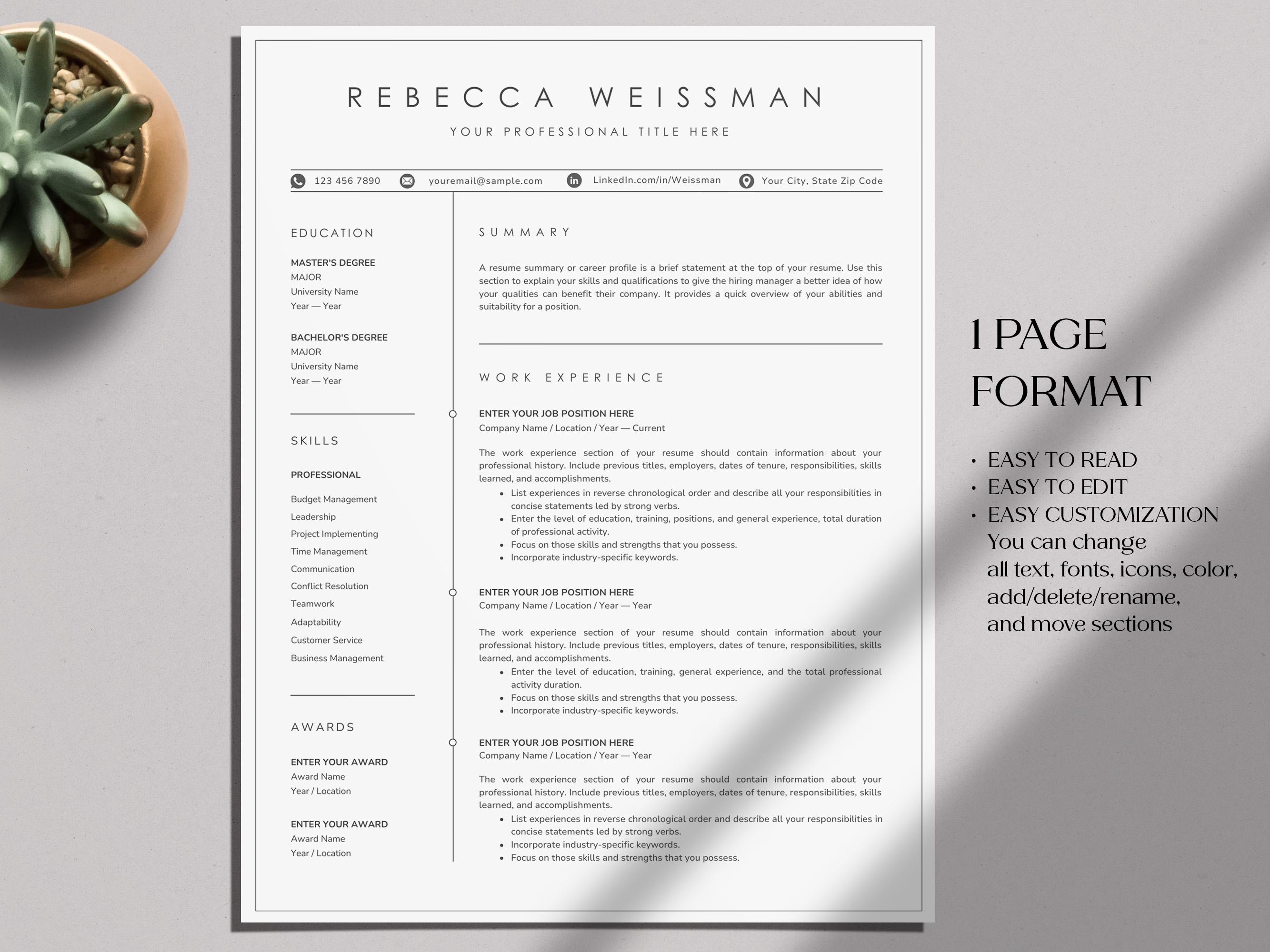 Simple Modern Resume Template | Word, Apple Pages & Google Docs ...