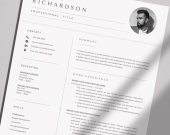 Modern Professional Resume with Photo | Word, Apple Pages & Google Docs | Editable CV | Instant Download