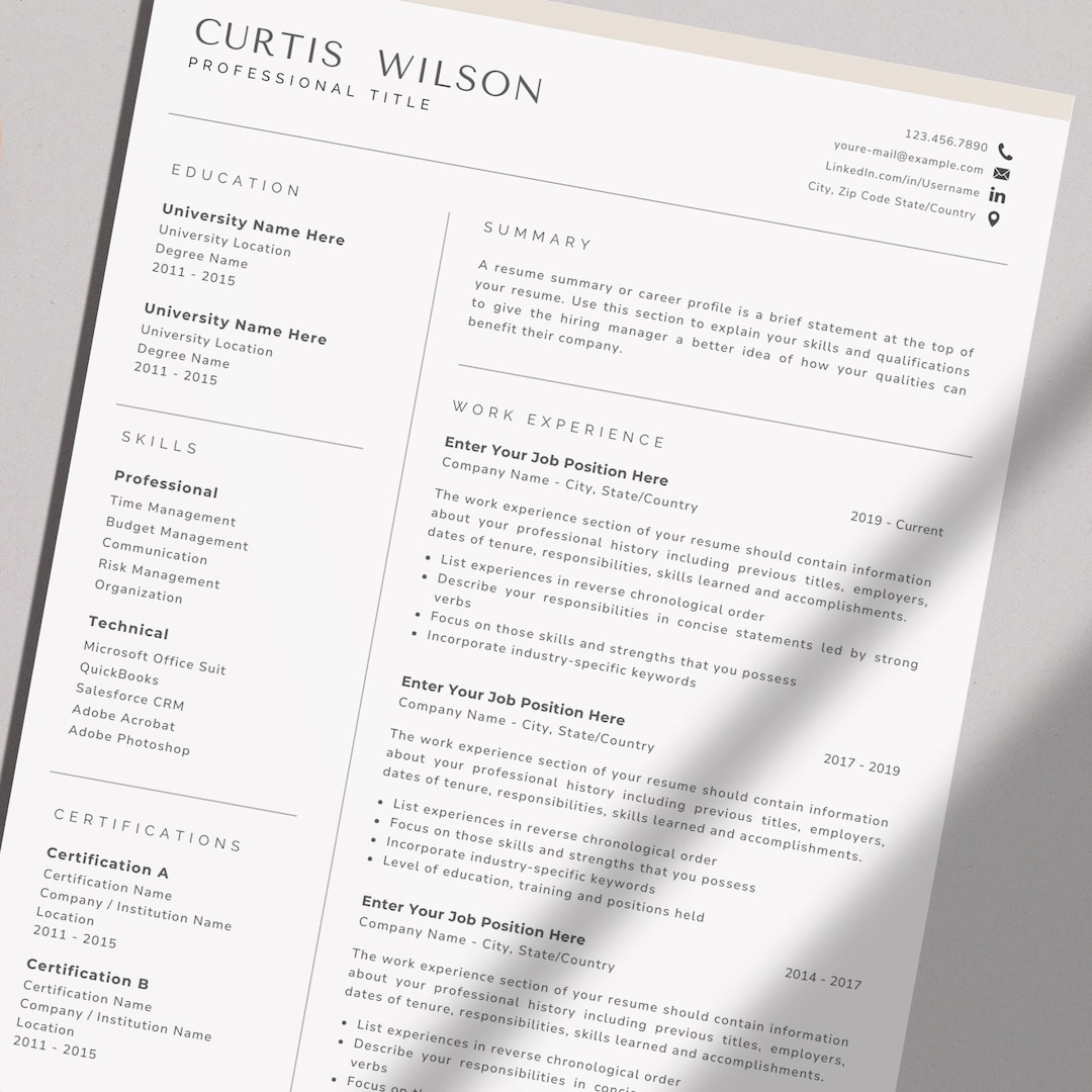 Modern Professional Resume Template for Word, Apple Pages & Google Docs ...
