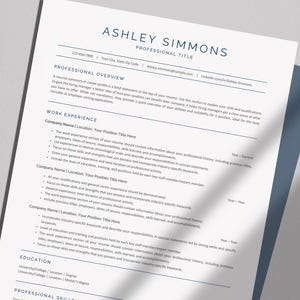 May include: A resume template with a blue header and white text. The template includes sections for professional overview, work experience, education, and professional skills. The text includes the name Ashley Simmons and the title Professional Title.