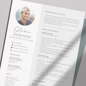 May include: A resume template featuring a professional profile, work experience, education, and skills sections. The template includes a headshot of a woman with a professional title and contact information.