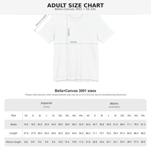 May include: A white t-shirt size chart for Bella+Canvas 3001, ranging from XS to 5XL. The graphic displays a t-shirt outline with labelled dimensions for length, width, and sleeve length, alongside a table listing measurements in centimetres.