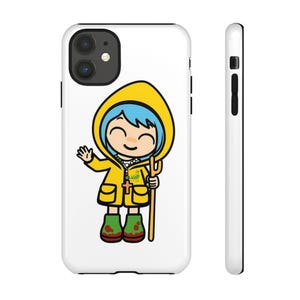 May include: A white phone case with a cartoon illustration of a girl wearing a yellow raincoat and holding a stick. The girl has blue hair and is smiling.