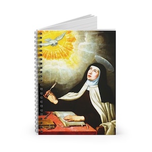 May include: A painting of a woman in a black and white habit writing in a book with a quill pen. A white dove is flying above her with a halo of light behind it.