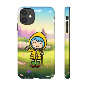 May include: A phone case featuring a cartoon illustration of a character in a yellow raincoat, waving and holding a staff. The case has a colorful background with a field of flowers and a blue sky. The case is designed to fit a smartphone.