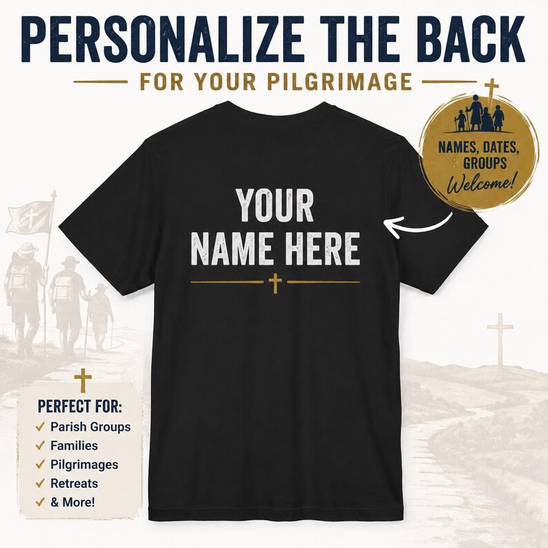 May include: A black short-sleeved t-shirt featuring the white text YOUR NAME HERE centred on the back, with a small gold cross icon below the text. A gold circular badge in the top right corner displays silhouettes of people and the text NAMES, DATES, GROUPS Welcome!