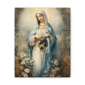 Maria von der Unbefleckten Empfängnis Blumen Leinwand Druck, Weihnachtsgeschenk für Mama Frau Mutter, Geschenk zum Jahrestag, Einweihungsgeschenk