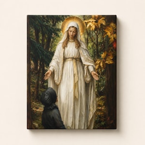 May include: A rectangular canvas print depicting a figure in a long white robe with a golden halo standing in a forest. A person wearing a dark bonnet and coat kneels before the figure. The scene features green trees and golden autumn leaves.