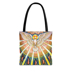 May include: Tote bag with a vibrant mosaic design featuring a white dove with outstretched wings, surrounded by radiating light and flames. The bag has a black handle and a colorful, detailed illustration.