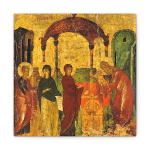 May include: A Byzantine icon depicting a religious scene with four figures. The figures are standing under a golden archway and are dressed in colorful robes. The icon is painted on a wooden panel and has a gold background.