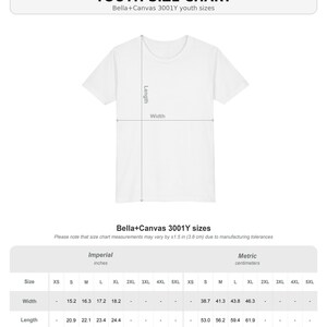May include: A white t-shirt outline with a size chart for Bella+Canvas 3001Y youth sizes. The chart displays width and length measurements in centimetres, ranging from 38.7 to 61.9 cm, with a note about manufacturing tolerances of &plusmn;3.8 cm.