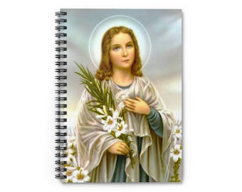 May include: A vintage illustration of a young woman with long, flowing hair, wearing a white robe and holding a bouquet of white lilies. She is standing in front of a light blue background with clouds.