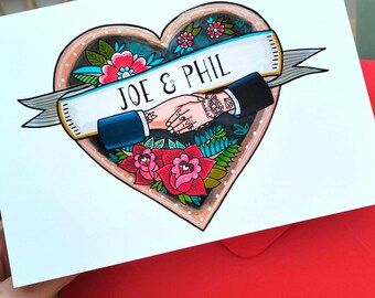 Carte de mariage personnalisée tatouage gay, anniversaire, Saint-Valentin, couple alternatif cool, mariage lesbien, inclusif