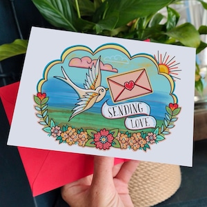 Envoyer de l'amour par la poste | Je pense à vous | art de style tatouage cool | Carte de déménagement, carte Nous t'aimons, deuil