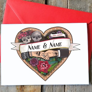 Carte de mariage tatouage gothique, personnalisé, mariage tête de mort gothique jusqu'à la mort, Halloween, Saint-Valentin, couple alternatif cool, noms personnalisés