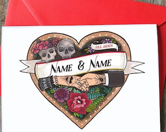 Carte de mariage tatouage gothique, personnalisé, mariage tête de mort gothique jusqu'à la mort, Halloween, Saint-Valentin, couple alternatif cool, noms personnalisés